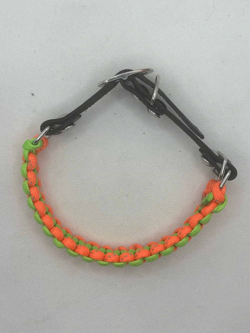 Handmade Reflective Paracord Dog Collar, Leather Adjustable Neon Green Orange